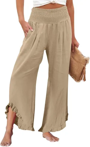 Wide Leg Linen Pants for Women Stretch Smocked High Waisted Ruffle Hem Flowy Beach Palazzo Trousers with Pocket