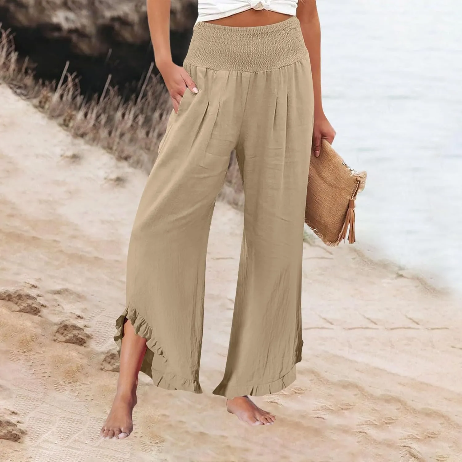 Wide Leg Linen Pants for Women Stretch Smocked High Waisted Ruffle Hem Flowy Beach Palazzo Trousers with Pocket