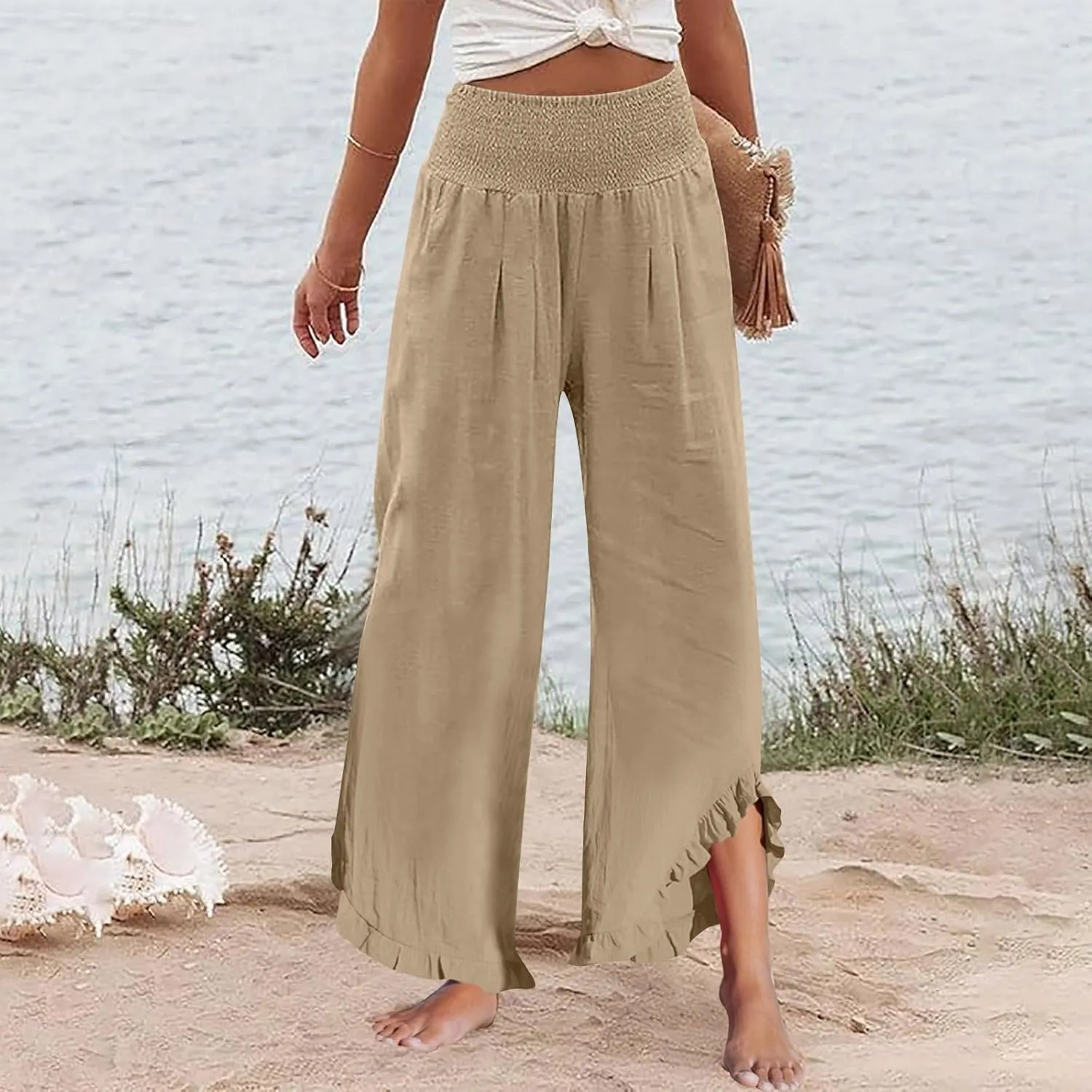 Wide Leg Linen Pants for Women Stretch Smocked High Waisted Ruffle Hem Flowy Beach Palazzo Trousers with Pocket