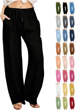 Wide Leg Palazzo Pants for Women 2025 Summer Casual Beach Pant Loose Fit Drawstring Flowy Lounge Trousers with Pocket