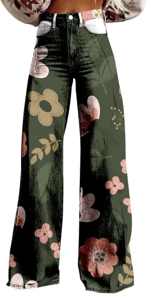 Wide Leg Pants for Women Fashion Casual Floral Print High Waist Buttoned Loose Flared Trouser Fall Vintage Work Pants