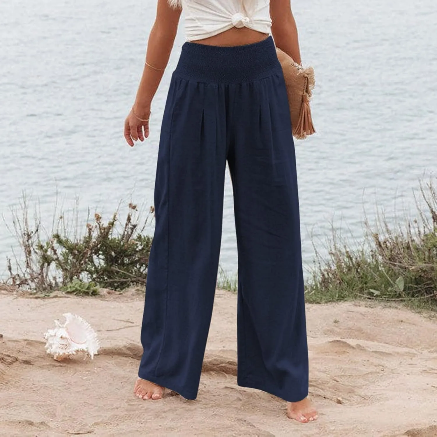 Wide Leg Pants for Women Linen Palazzo Pants Summer Boho High Waist Casual Lounge 2025 Beach Travel Vacation Pant