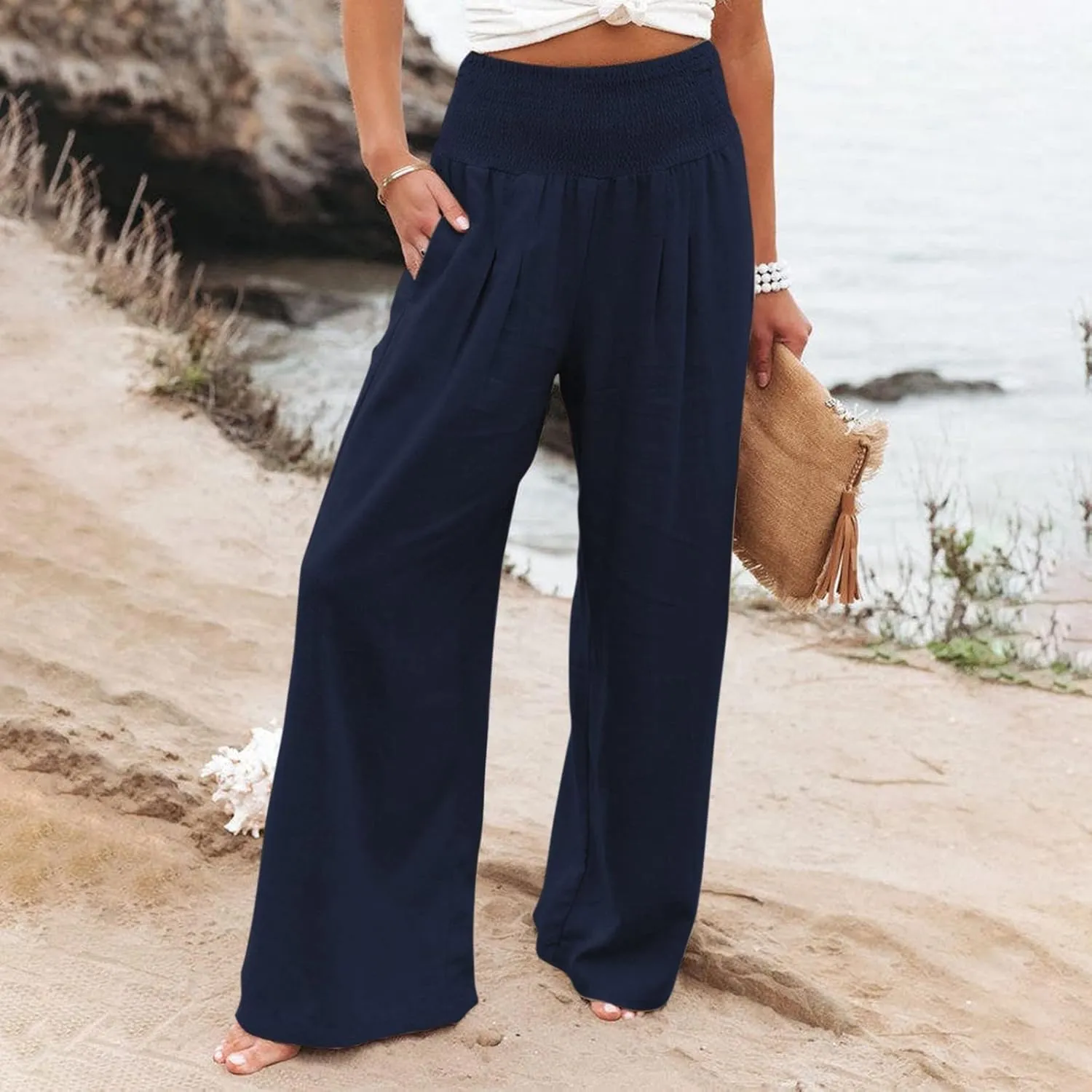Wide Leg Pants for Women Linen Palazzo Pants Summer Boho High Waist Casual Lounge 2025 Beach Travel Vacation Pant