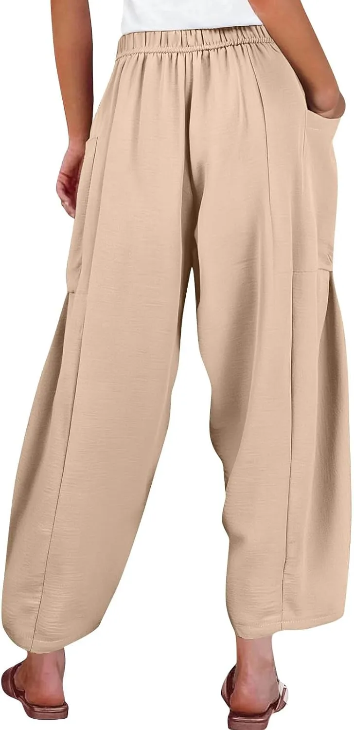 Wide Leg Pants Woman High Waisted Drawstring Casual Boho Pants Summer Baggy Trendy Palazzo Harem Trousers with Pockets