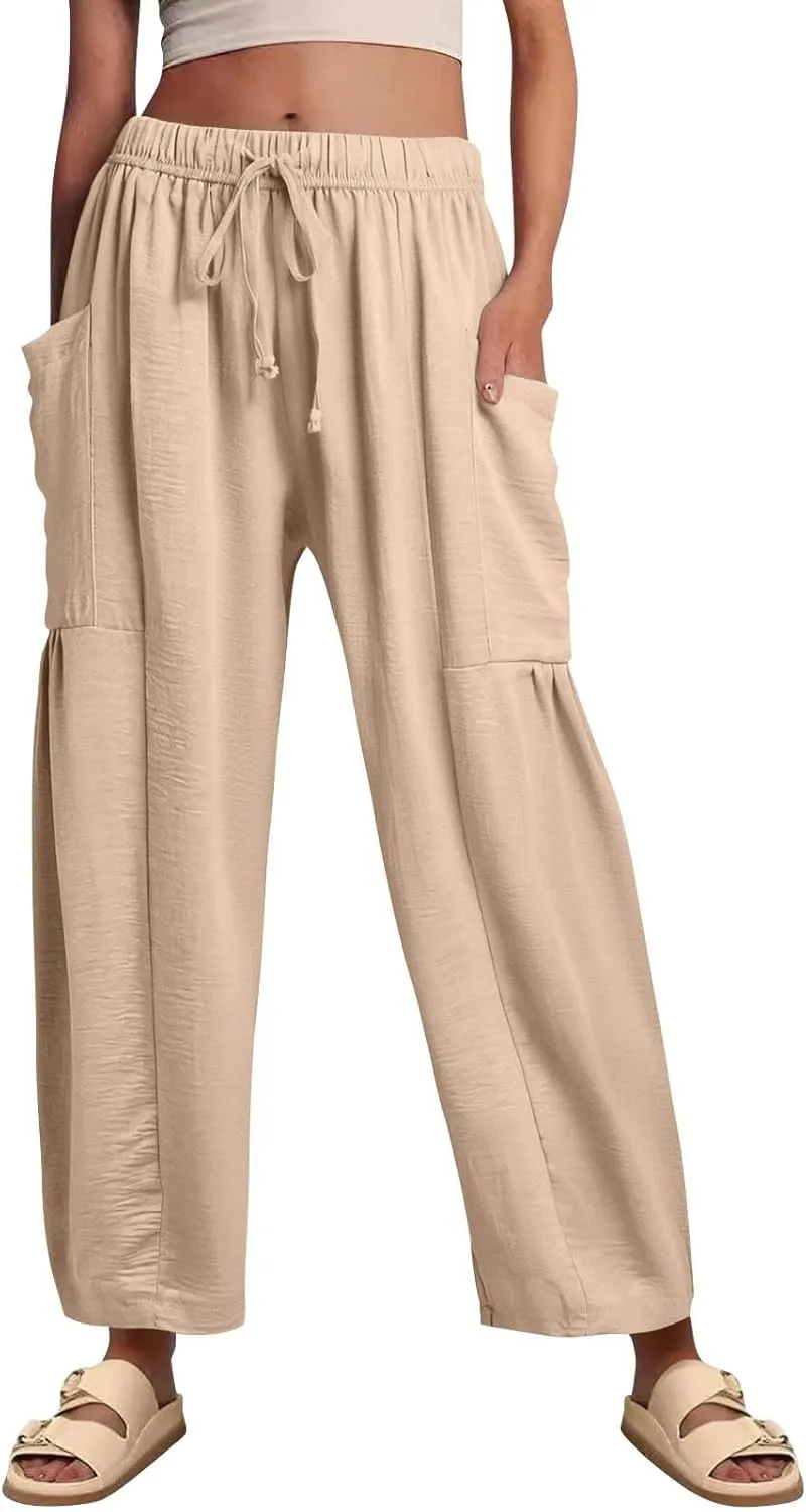 Wide Leg Pants Woman High Waisted Drawstring Casual Boho Pants Summer Baggy Trendy Palazzo Harem Trousers with Pockets