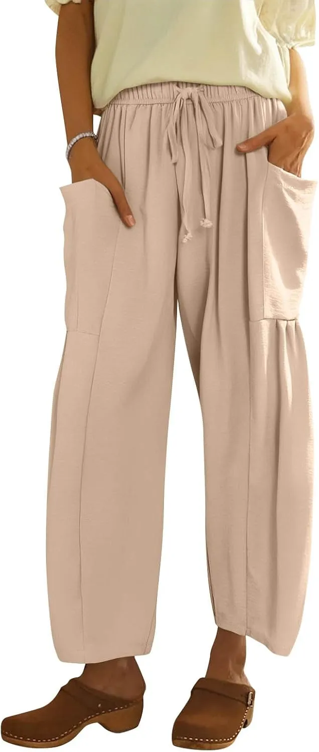 Wide Leg Pants Woman High Waisted Drawstring Casual Boho Pants Summer Baggy Trendy Palazzo Harem Trousers with Pockets