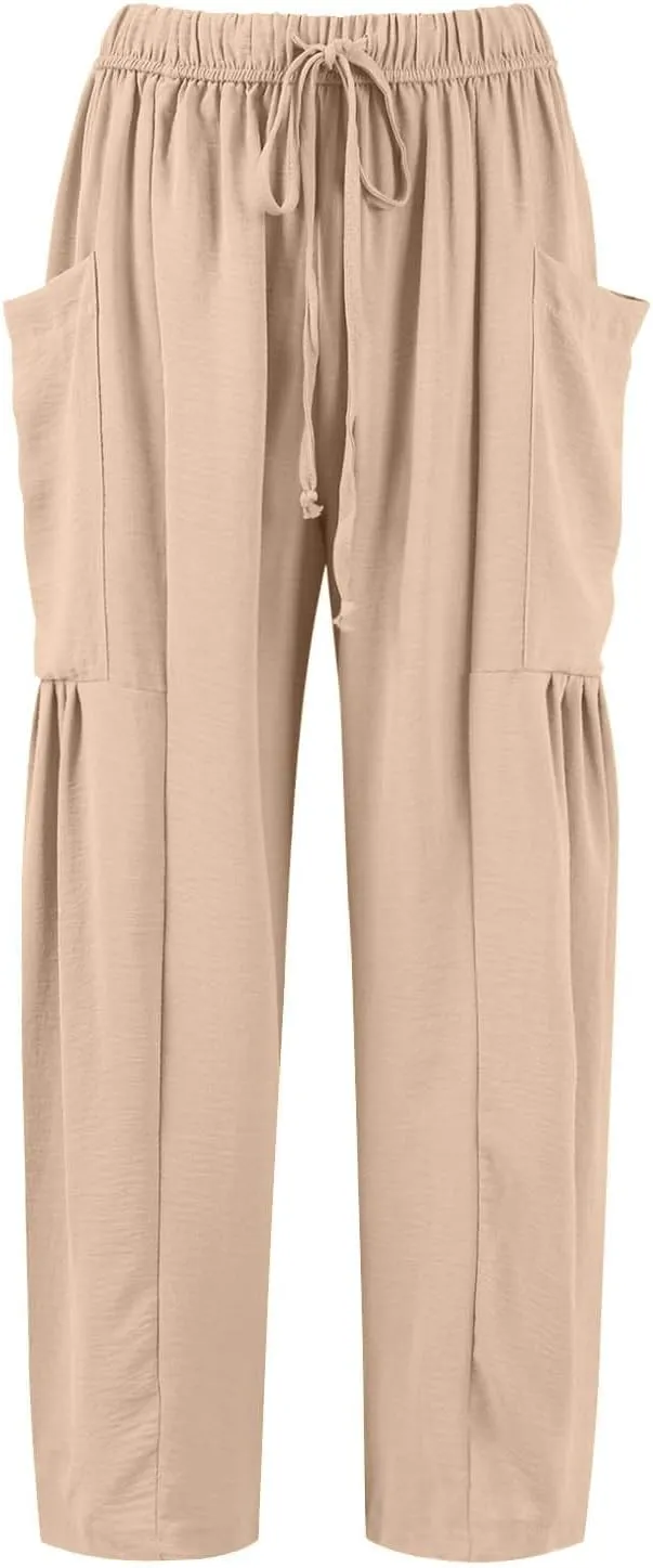 Wide Leg Pants Woman High Waisted Drawstring Casual Boho Pants Summer Baggy Trendy Palazzo Harem Trousers with Pockets