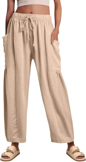 Wide Leg Pants Woman High Waisted Drawstring Casual Boho Pants Summer Baggy Trendy Palazzo Harem Trousers with Pockets