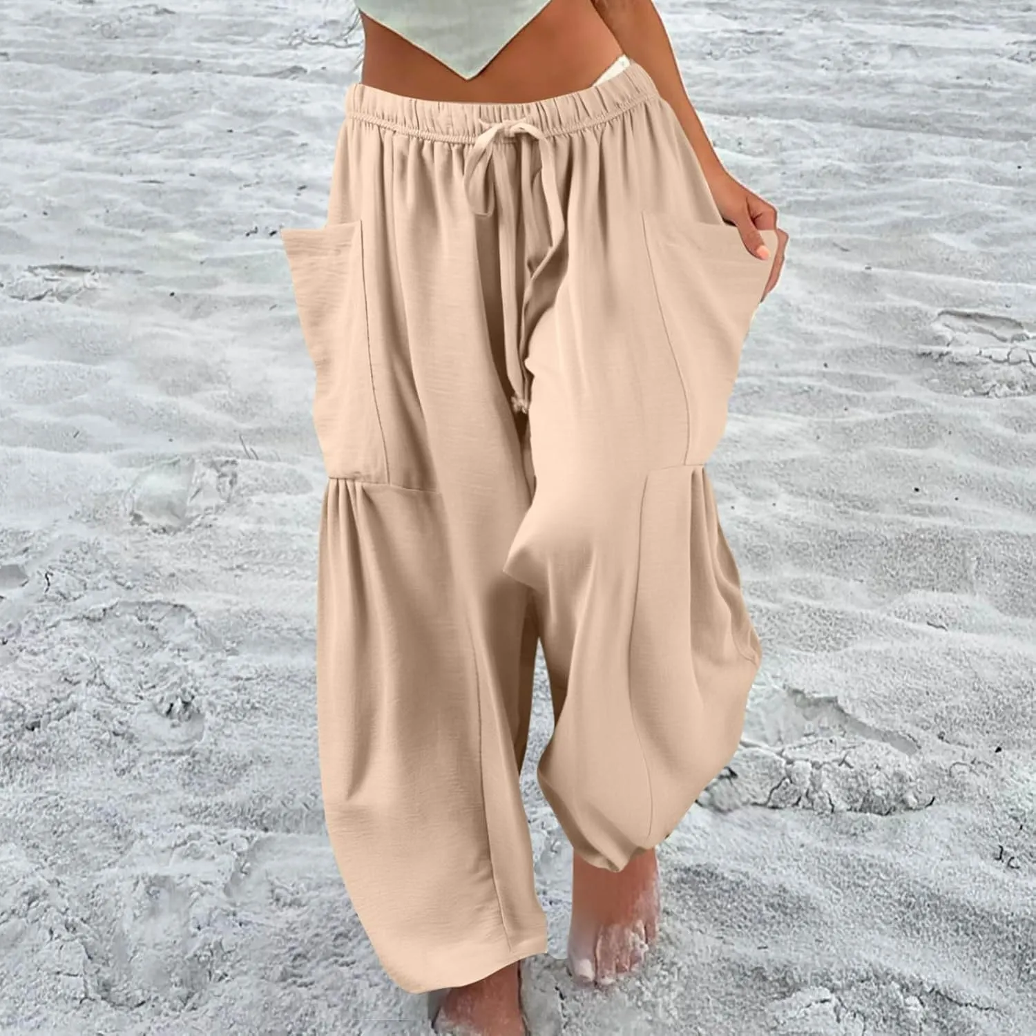 Wide Leg Pants Woman High Waisted Drawstring Casual Boho Pants Summer Baggy Trendy Palazzo Harem Trousers with Pockets
