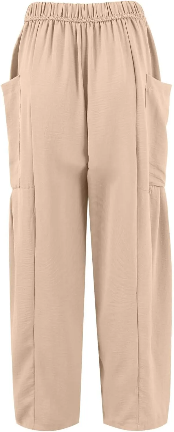 Wide Leg Pants Woman High Waisted Drawstring Casual Boho Pants Summer Baggy Trendy Palazzo Harem Trousers with Pockets