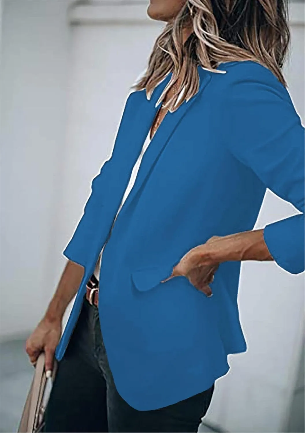WIWIQS Women's Long Sleeve Open Front Blazer Lapel Work Office Casual Suit Solid Color Comfy Blazers