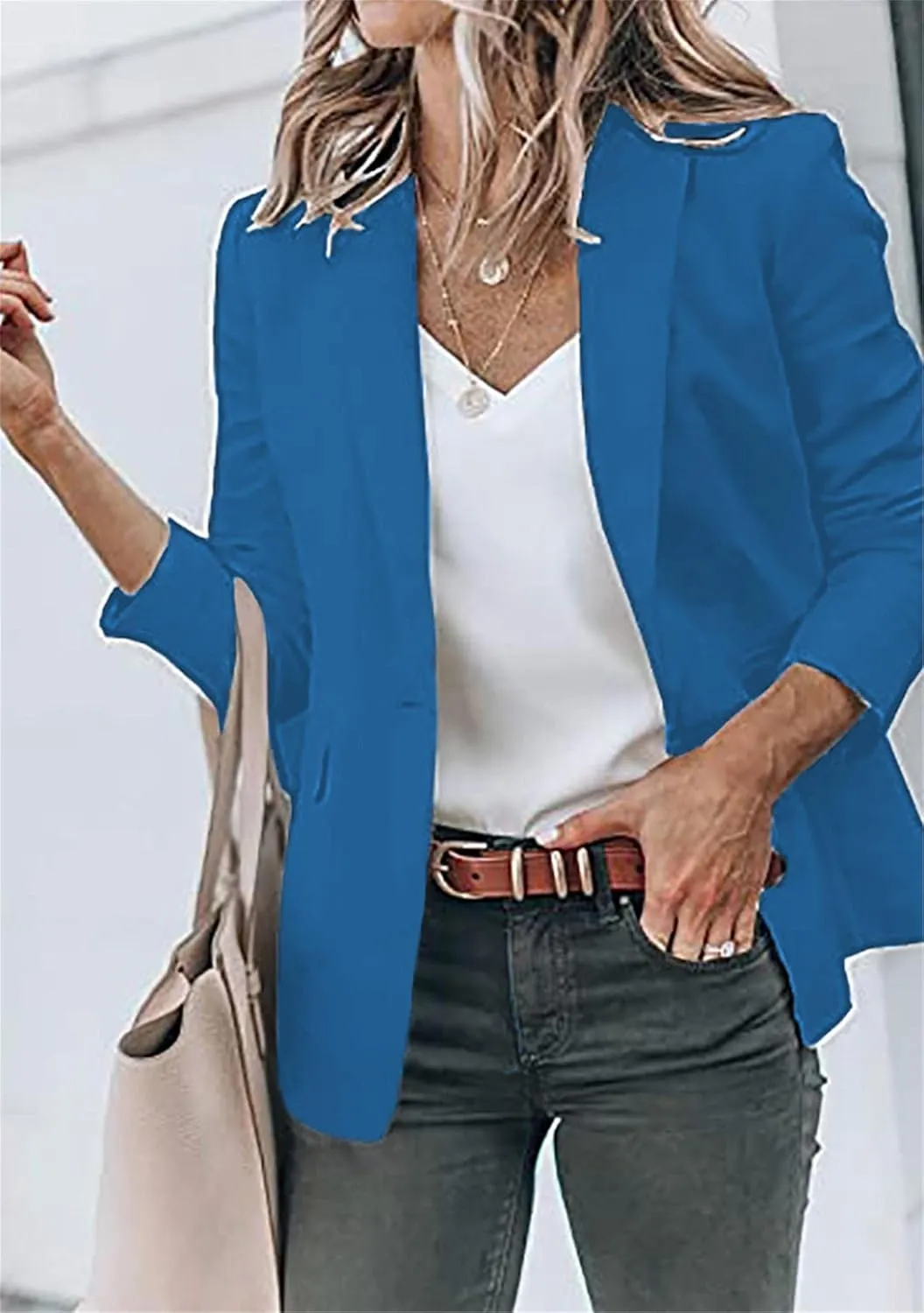 WIWIQS Women's Long Sleeve Open Front Blazer Lapel Work Office Casual Suit Solid Color Comfy Blazers