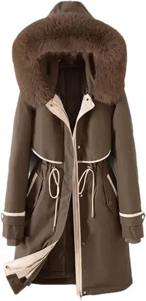 Woman Parker Cotton-Padded Jacket Long Liner Detachable Coat Waist Thick Warm Cotton-Padded Jacket Outwear Brown XL