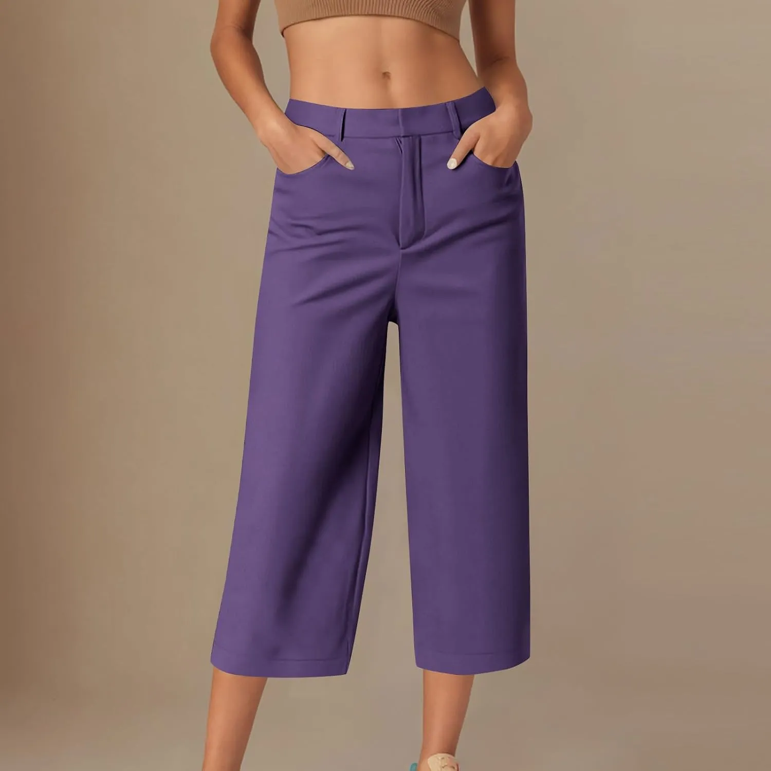 Women Basic Dress Capri Pants Summer Business Casual Work Straight Leg Pant High Waist Stretchy Trousers Loose Office Bottom
