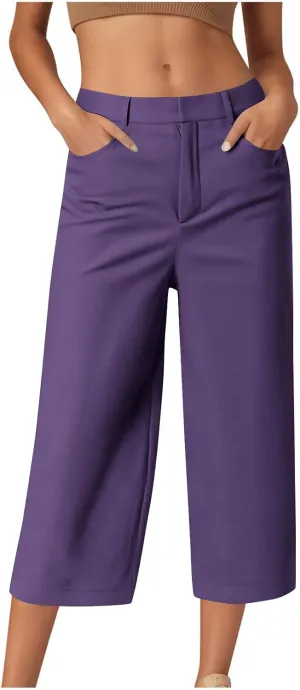 Women Basic Dress Capri Pants Summer Business Casual Work Straight Leg Pant High Waist Stretchy Trousers Loose Office Bottom