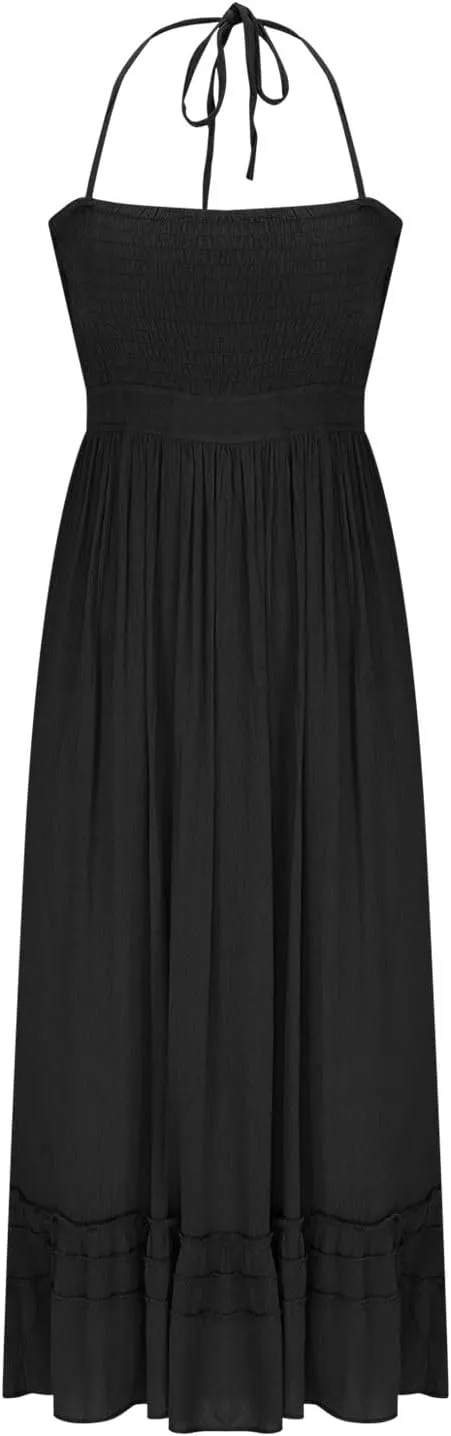 Women Boho Backless Halter Midi Dress Summer Cotton Blend Sexy High Wasited A-Line Dresses Flowy Ruffle Hem Beach Sundress