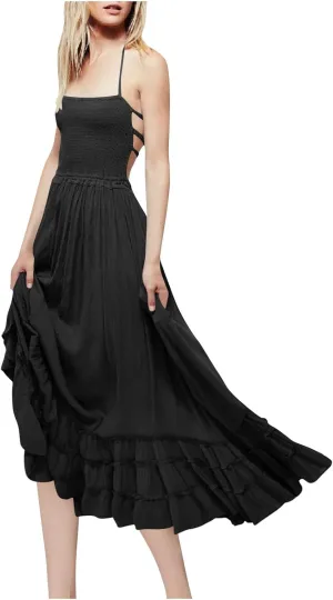 Women Boho Backless Halter Midi Dress Summer Cotton Blend Sexy High Wasited A-Line Dresses Flowy Ruffle Hem Beach Sundress