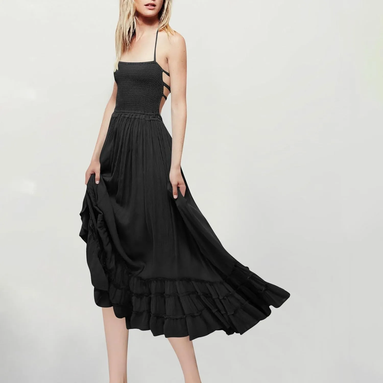 Women Boho Backless Halter Midi Dress Summer Cotton Blend Sexy High Wasited A-Line Dresses Flowy Ruffle Hem Beach Sundress