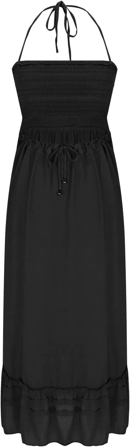 Women Boho Backless Halter Midi Dress Summer Cotton Blend Sexy High Wasited A-Line Dresses Flowy Ruffle Hem Beach Sundress