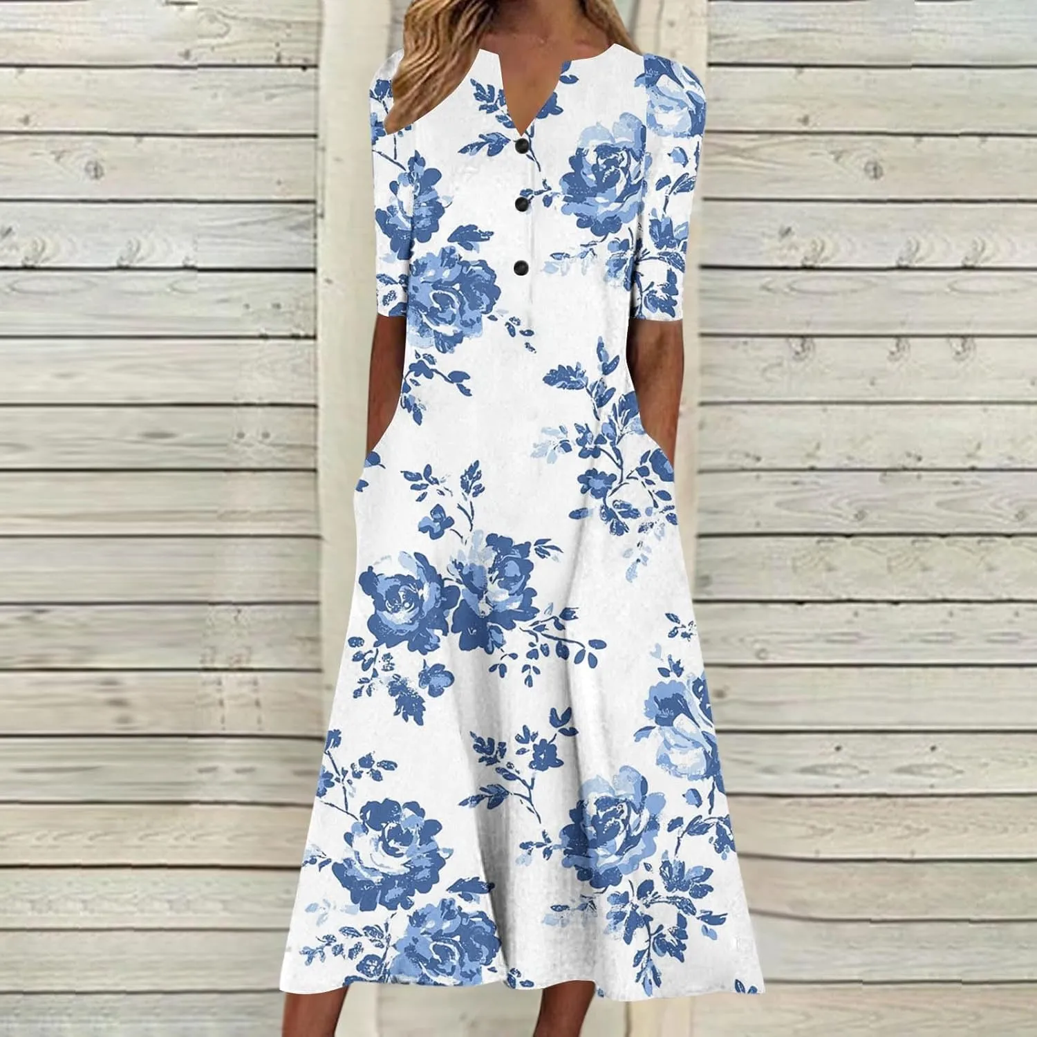 Women Boho Floral Print Midi Dress Summer Short Sleeve V Neck A-Line Dresses 2025 Casual Fashion Beach Shirt Dress