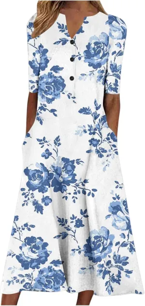 Women Boho Floral Print Midi Dress Summer Short Sleeve V Neck A-Line Dresses 2025 Casual Fashion Beach Shirt Dress