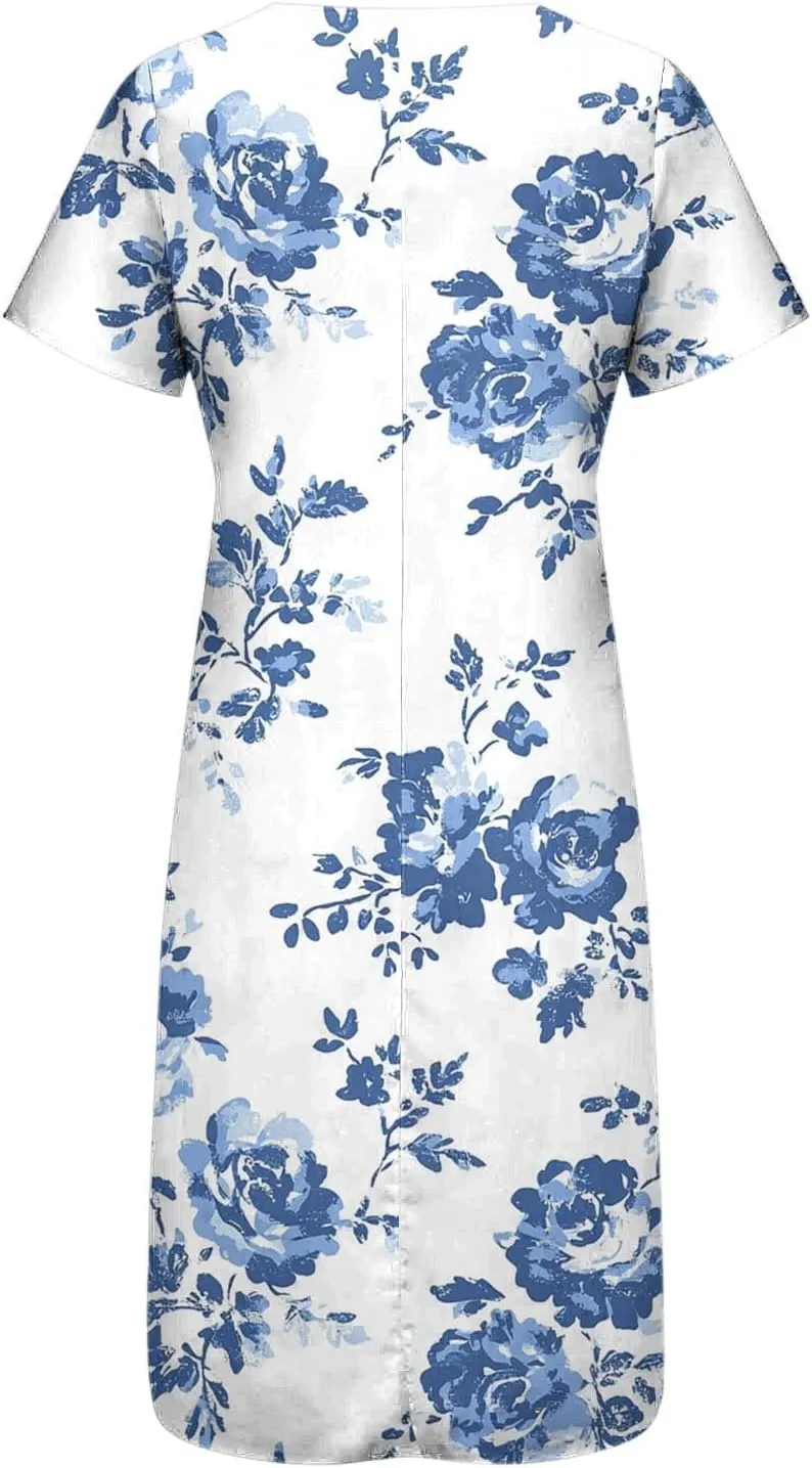 Women Boho Floral Print Midi Dress Summer Short Sleeve V Neck A-Line Dresses 2025 Casual Fashion Beach Shirt Dress