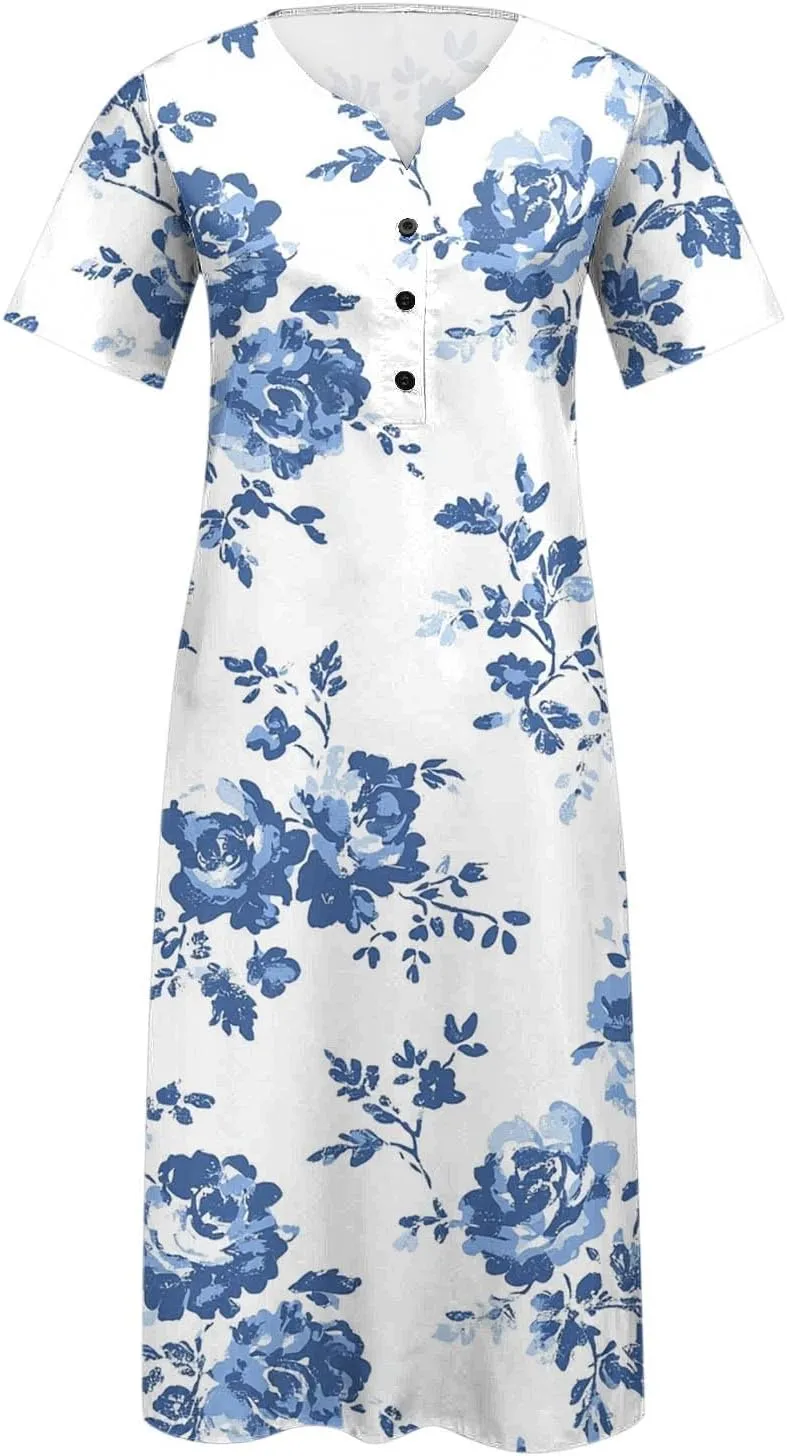 Women Boho Floral Print Midi Dress Summer Short Sleeve V Neck A-Line Dresses 2025 Casual Fashion Beach Shirt Dress