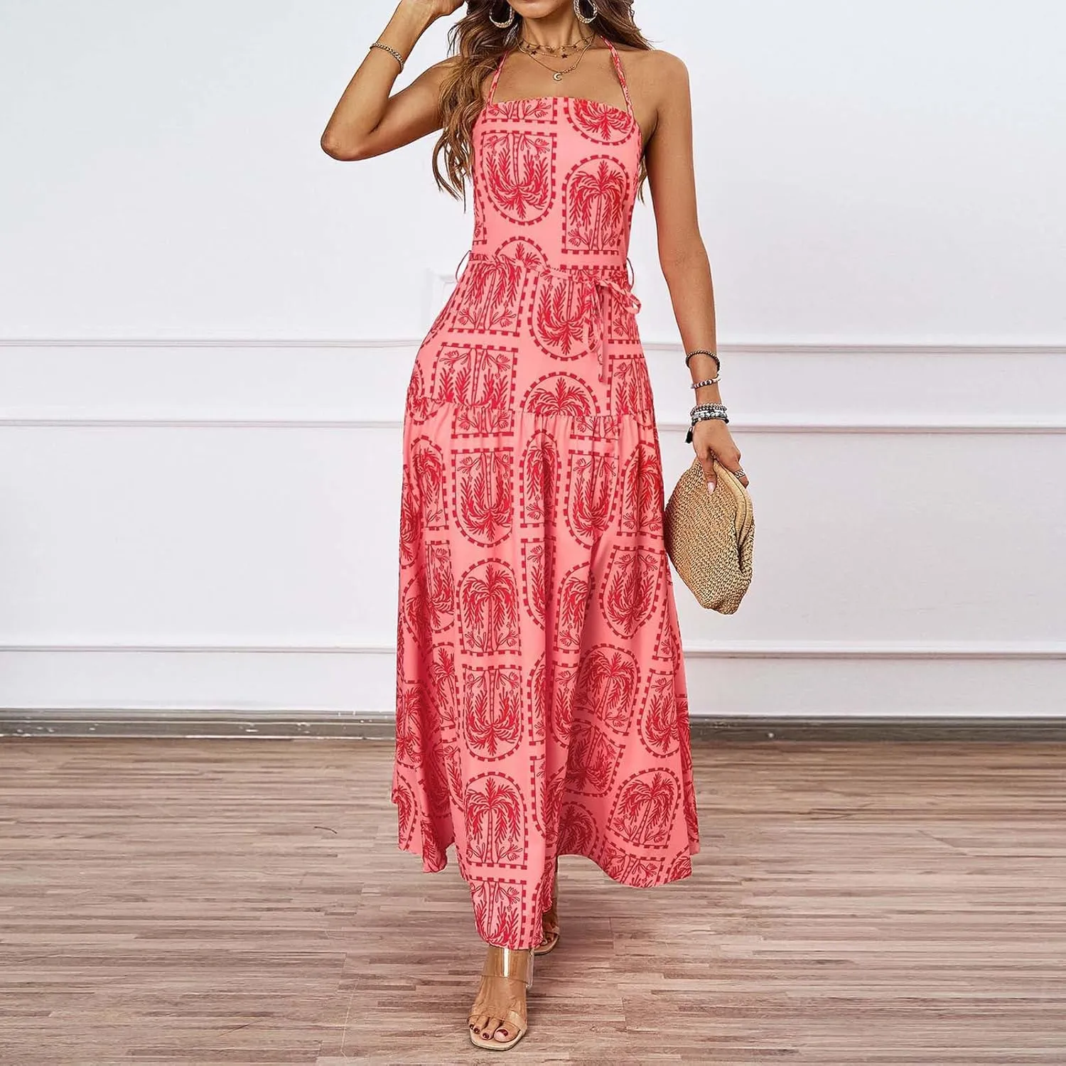 Women Boho Halter A-Line Dress Hawaiian Palm Tree Print High Waist Midi Dresses Lace-Up Beach Vacation Sundress