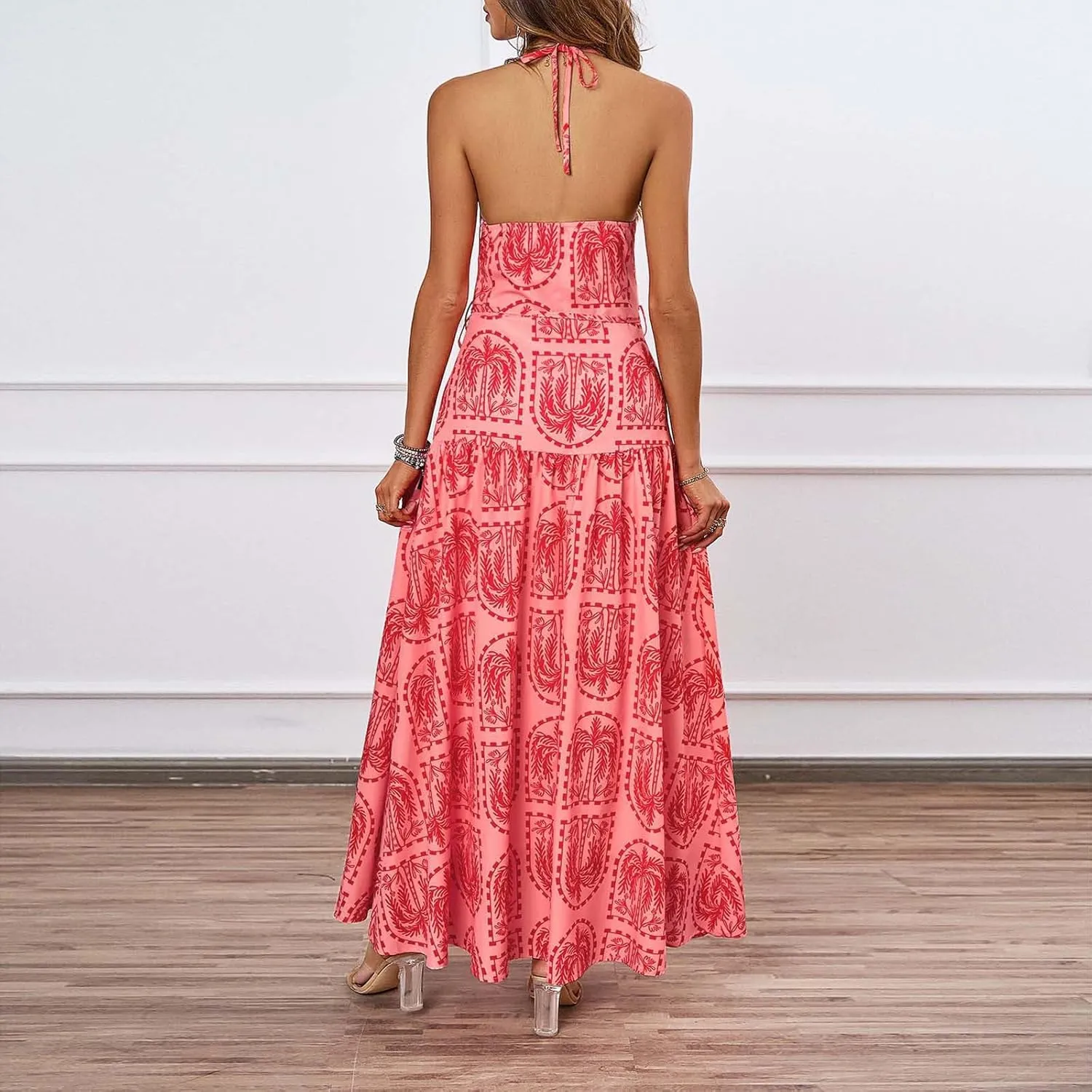 Women Boho Halter A-Line Dress Hawaiian Palm Tree Print High Waist Midi Dresses Lace-Up Beach Vacation Sundress