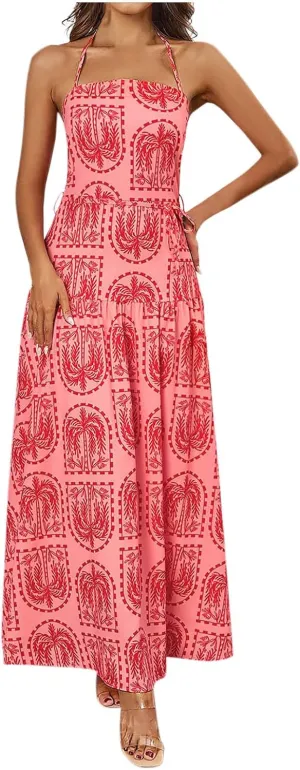 Women Boho Halter A-Line Dress Hawaiian Palm Tree Print High Waist Midi Dresses Lace-Up Beach Vacation Sundress