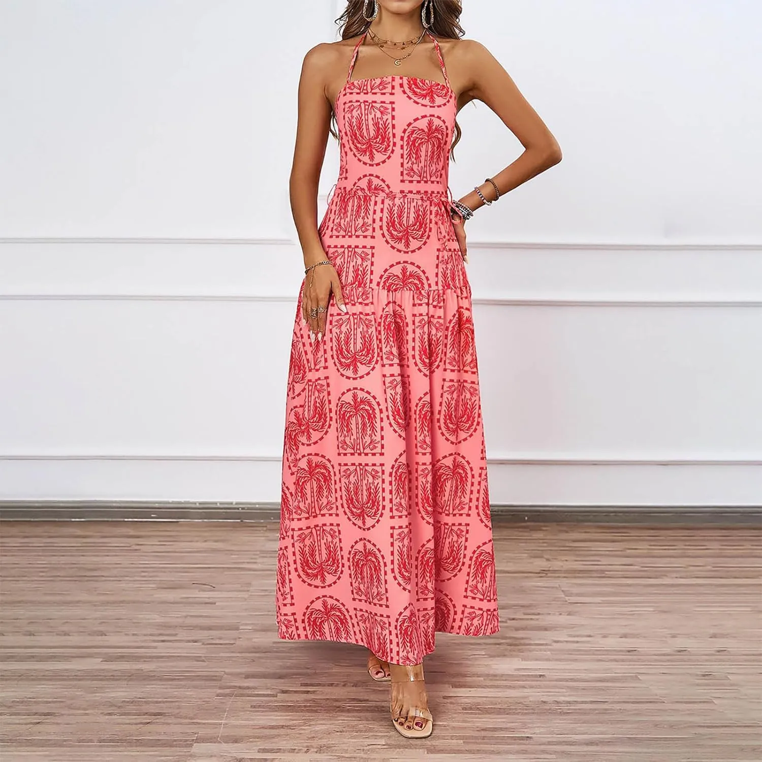 Women Boho Halter A-Line Dress Hawaiian Palm Tree Print High Waist Midi Dresses Lace-Up Beach Vacation Sundress