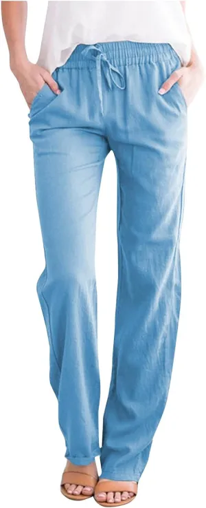 Women Business Casual Cotton Linen Pants Drawstring High Waist Trousers Solid Lightweight Vacation Travel Slacks 2025