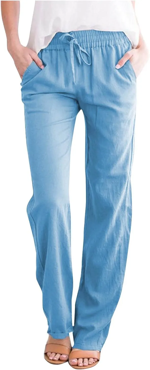 Women Business Casual Cotton Linen Pants Drawstring High Waist Trousers Solid Lightweight Vacation Travel Slacks 2025