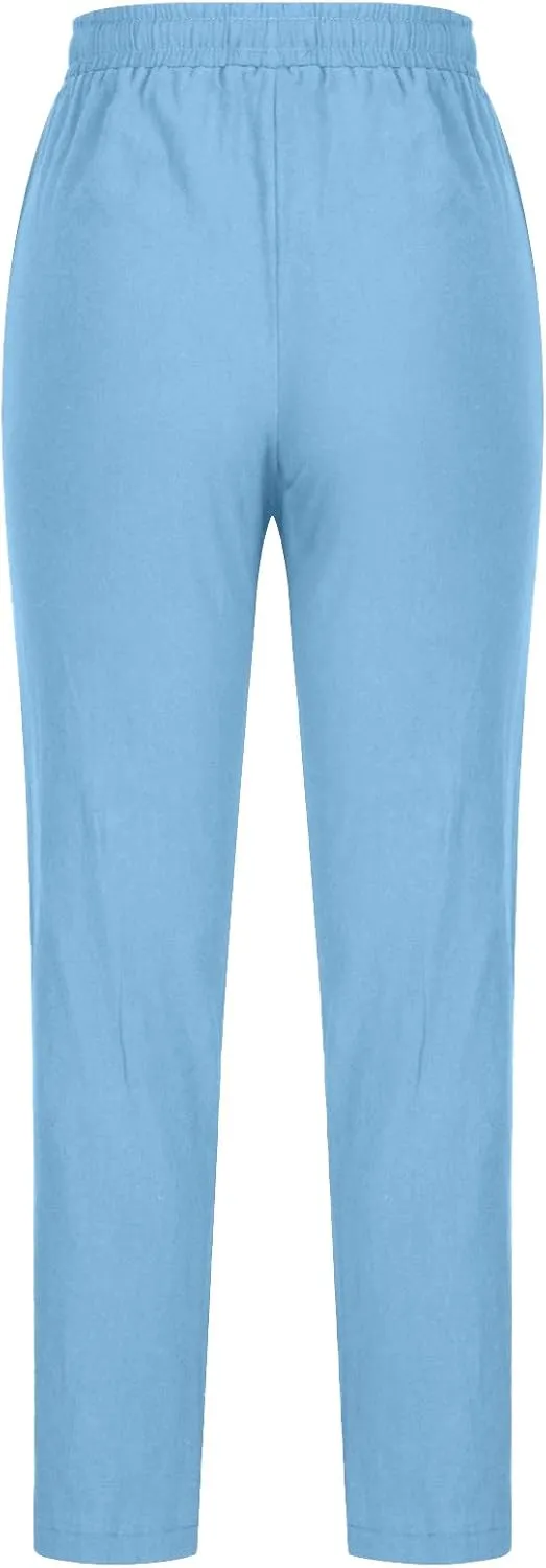 Women Business Casual Cotton Linen Pants Drawstring High Waist Trousers Solid Lightweight Vacation Travel Slacks 2025