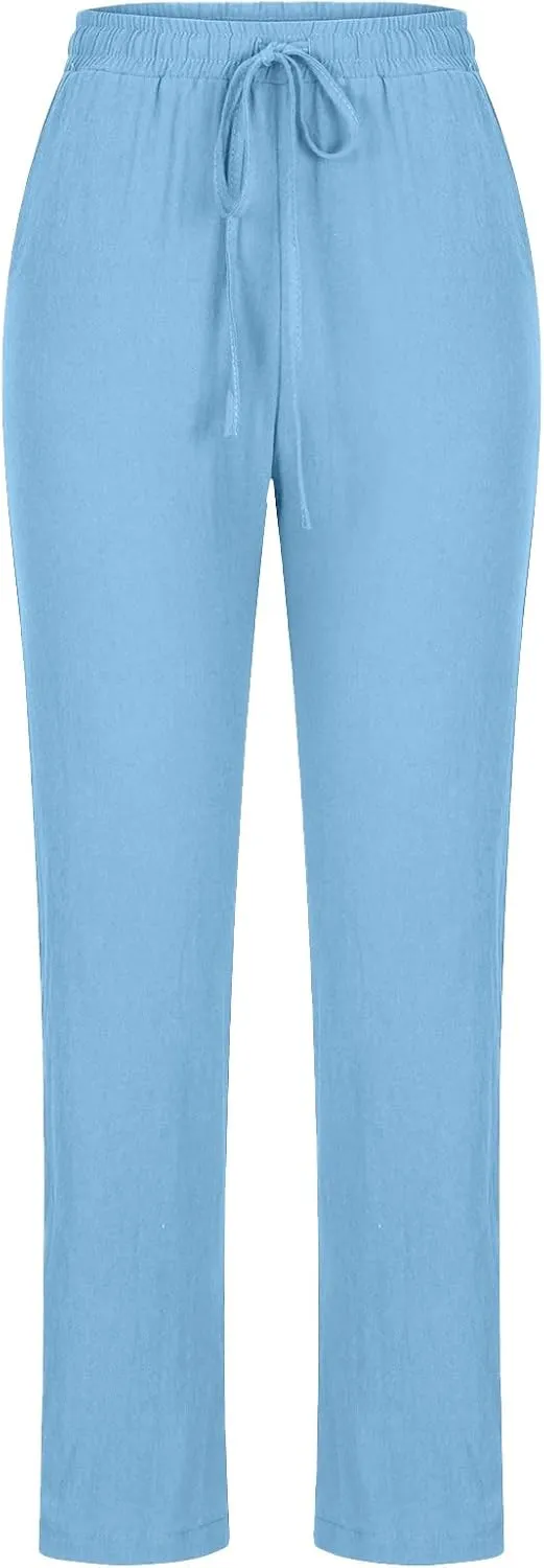 Women Business Casual Cotton Linen Pants Drawstring High Waist Trousers Solid Lightweight Vacation Travel Slacks 2025
