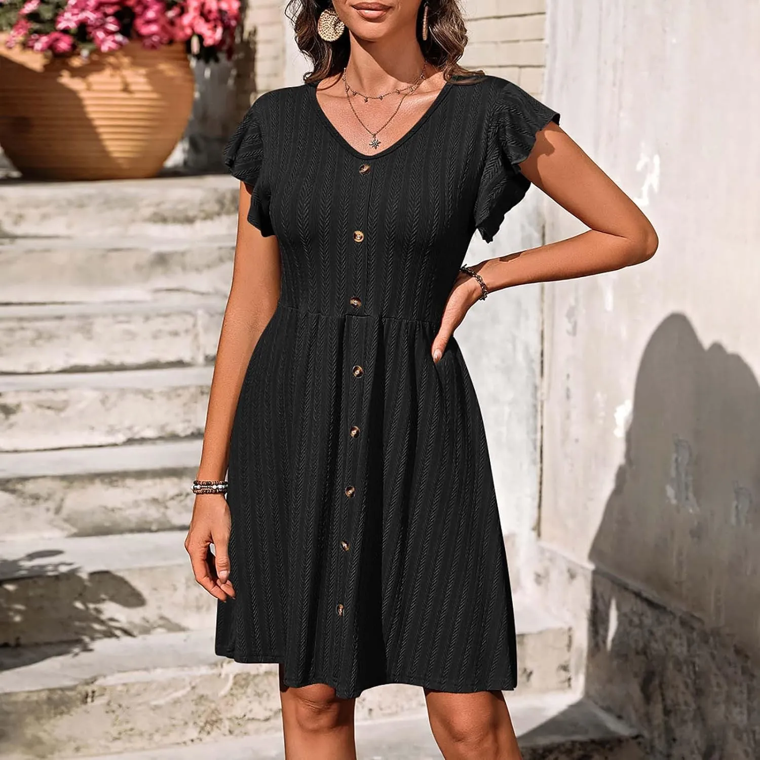Women Cap Sleeve Mini Dress 2025 Casual Spring Summer Swing Dresses Button Front Ribbed Dress A Line Short Sundress
