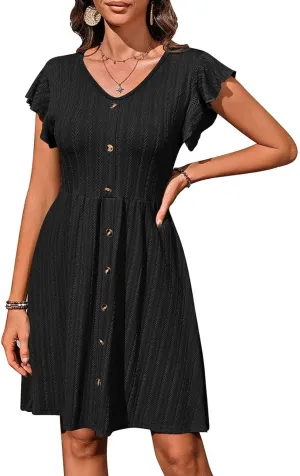 Women Cap Sleeve Mini Dress 2025 Casual Spring Summer Swing Dresses Button Front Ribbed Dress A Line Short Sundress
