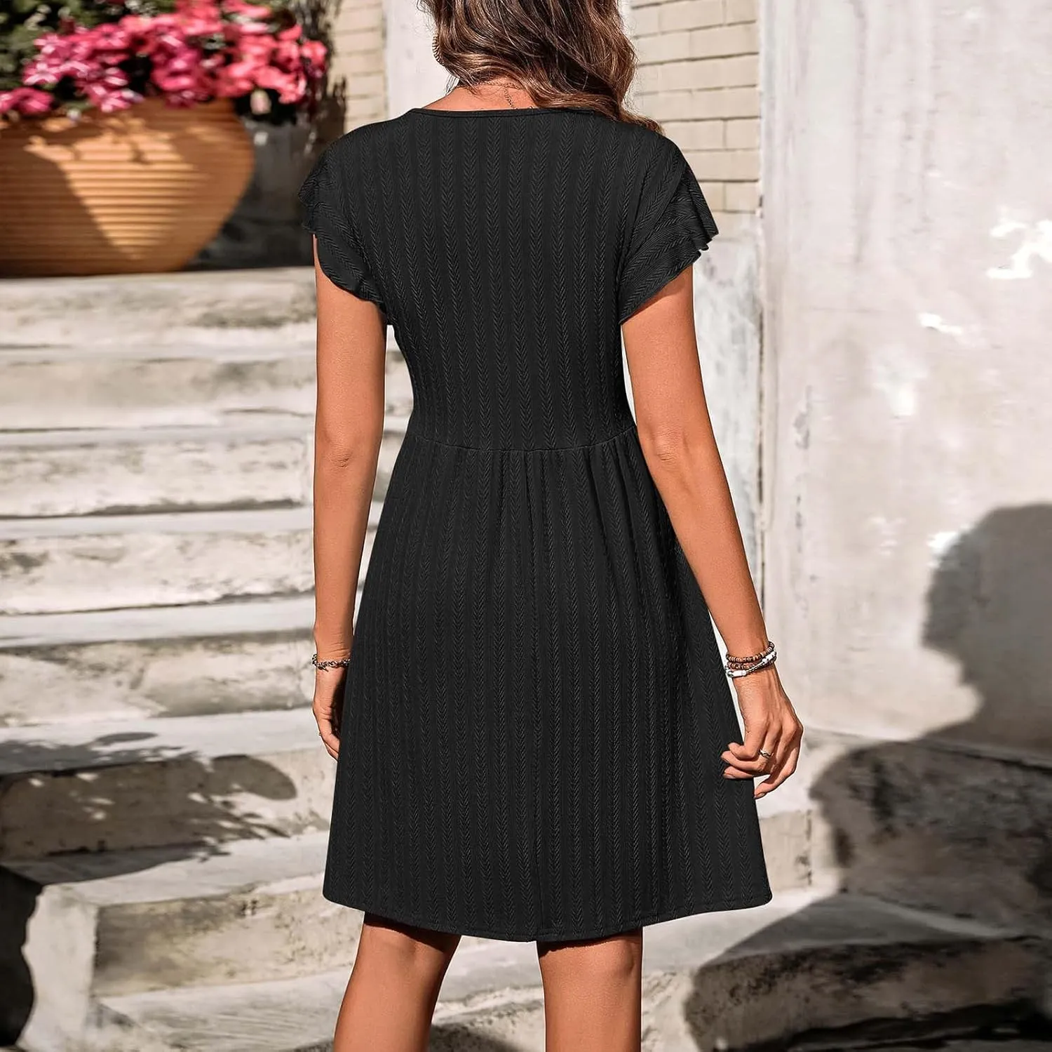 Women Cap Sleeve Mini Dress 2025 Casual Spring Summer Swing Dresses Button Front Ribbed Dress A Line Short Sundress