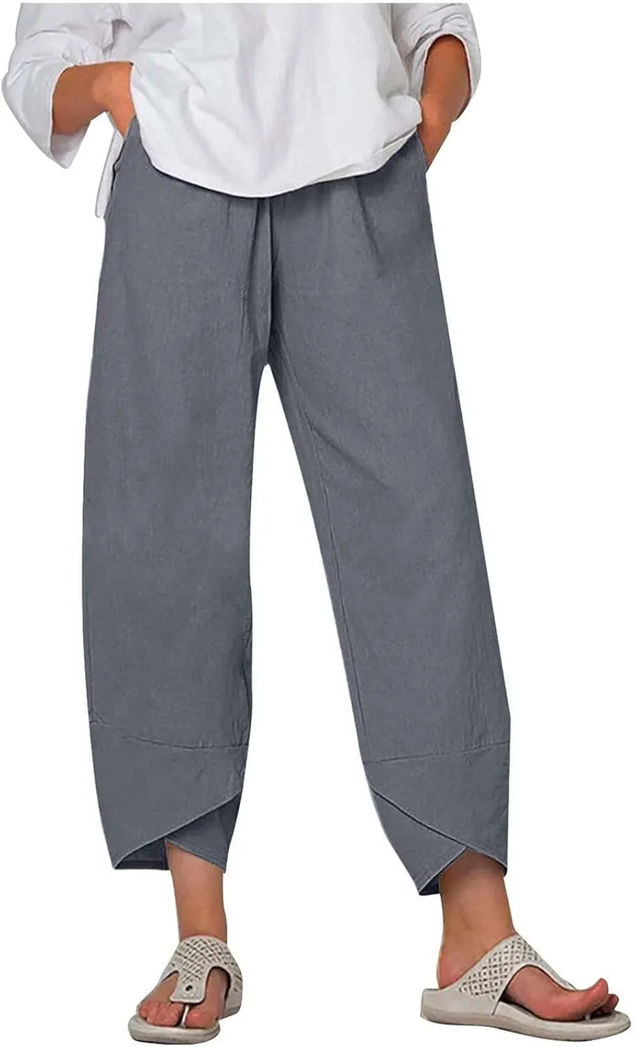 Women Capri Pants 2025 Cotton Linen Wide Leg Capris Casual Summer Cropped Pants Beach Elastic Waist Baggy Trousers