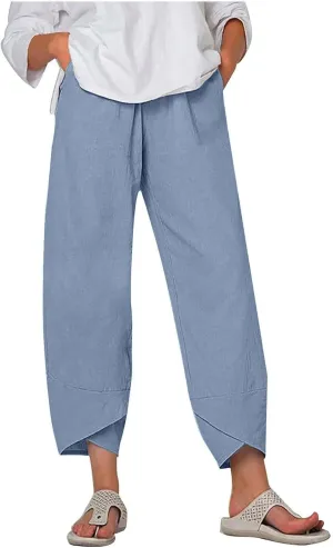 Women Capri Pants 2025 Cotton Linen Wide Leg Capris Casual Summer Cropped Pants Beach Elastic Waist Baggy Trousers
