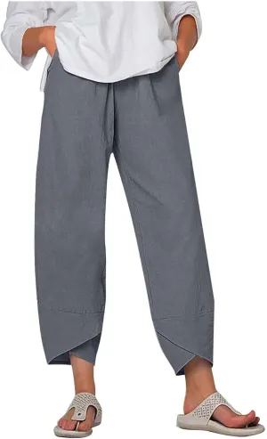 Women Capri Pants 2025 Cotton Linen Wide Leg Capris Casual Summer Cropped Pants Beach Elastic Waist Baggy Trousers