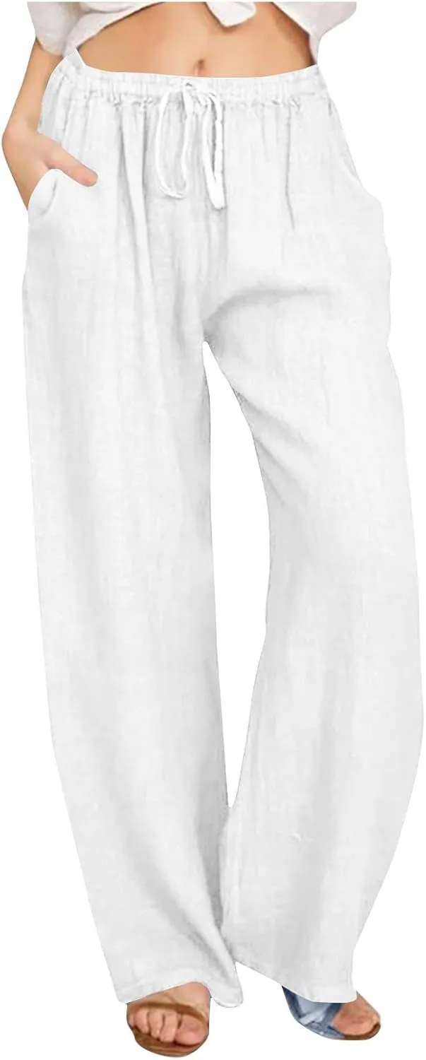 Women Cotton Linen Pants Drawstring Wide Leg Pant High Waisted Casual Trousers Baggy Summer Palazzo Pants with Pocket