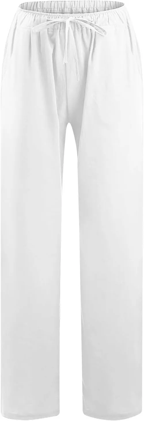 Women Cotton Linen Pants Drawstring Wide Leg Pant High Waisted Casual Trousers Baggy Summer Palazzo Pants with Pocket