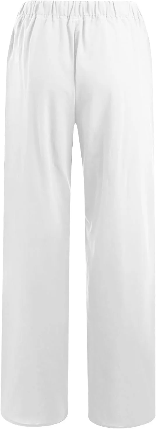 Women Cotton Linen Pants Drawstring Wide Leg Pant High Waisted Casual Trousers Baggy Summer Palazzo Pants with Pocket