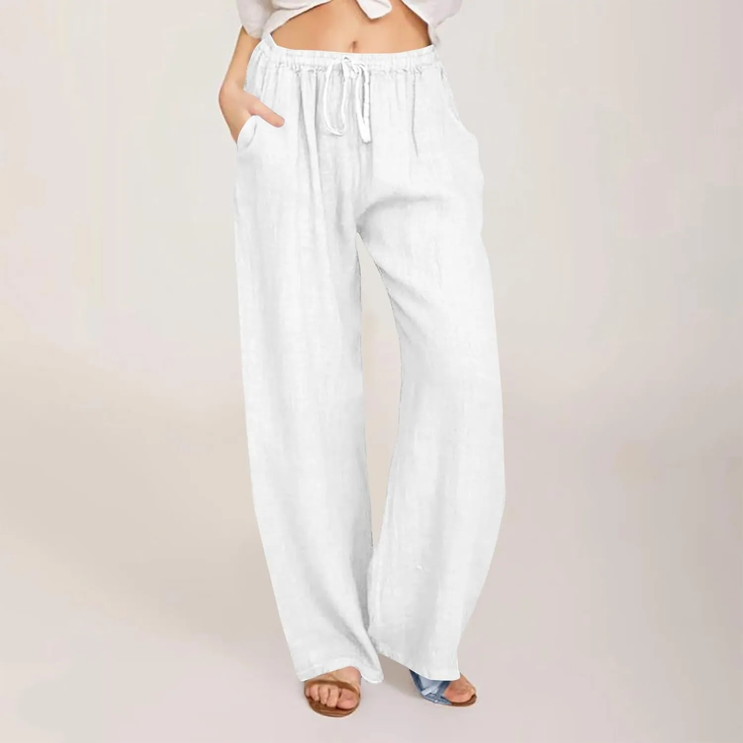 Women Cotton Linen Pants Drawstring Wide Leg Pant High Waisted Casual Trousers Baggy Summer Palazzo Pants with Pocket