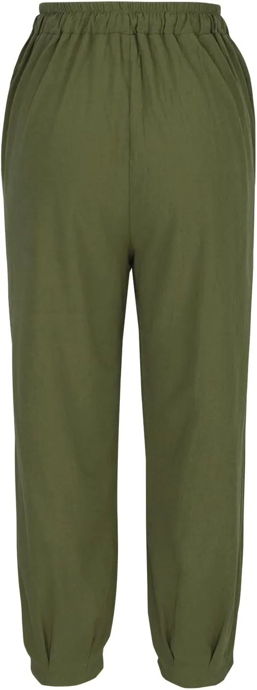 Women Cotton Linen Pants Plus Size Drawstring Elastic Waist Harem Trousers Loose Baggy Stretchy Summer Vacation Slack