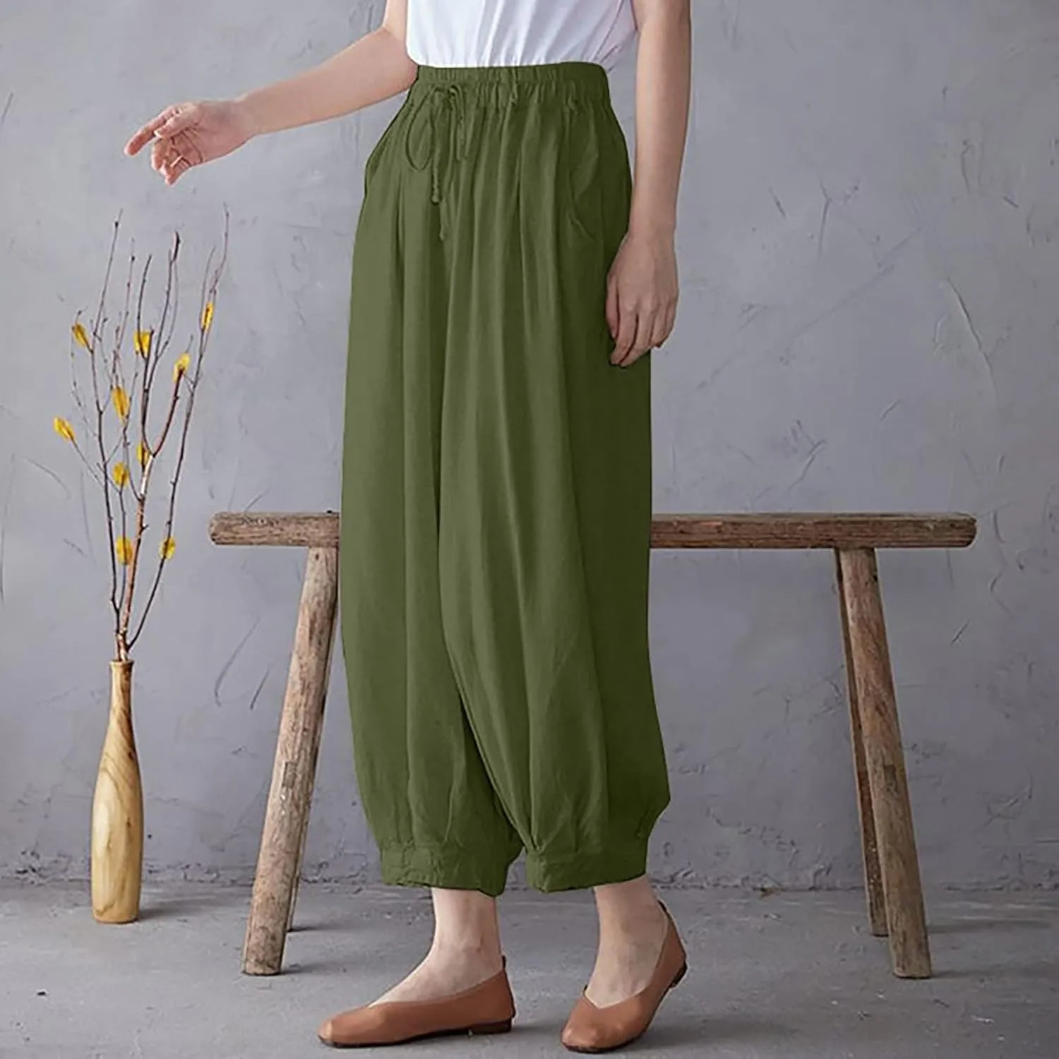 Women Cotton Linen Pants Plus Size Drawstring Elastic Waist Harem Trousers Loose Baggy Stretchy Summer Vacation Slack