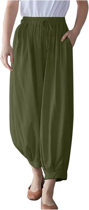 Women Cotton Linen Pants Plus Size Drawstring Elastic Waist Harem Trousers Loose Baggy Stretchy Summer Vacation Slack
