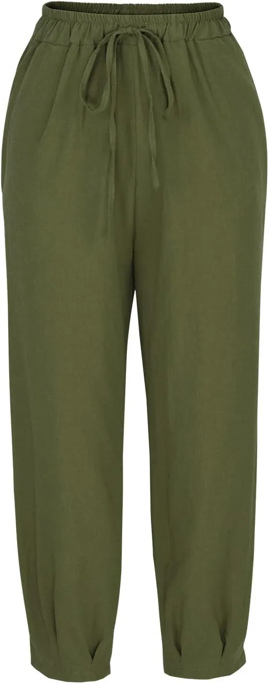 Women Cotton Linen Pants Plus Size Drawstring Elastic Waist Harem Trousers Loose Baggy Stretchy Summer Vacation Slack