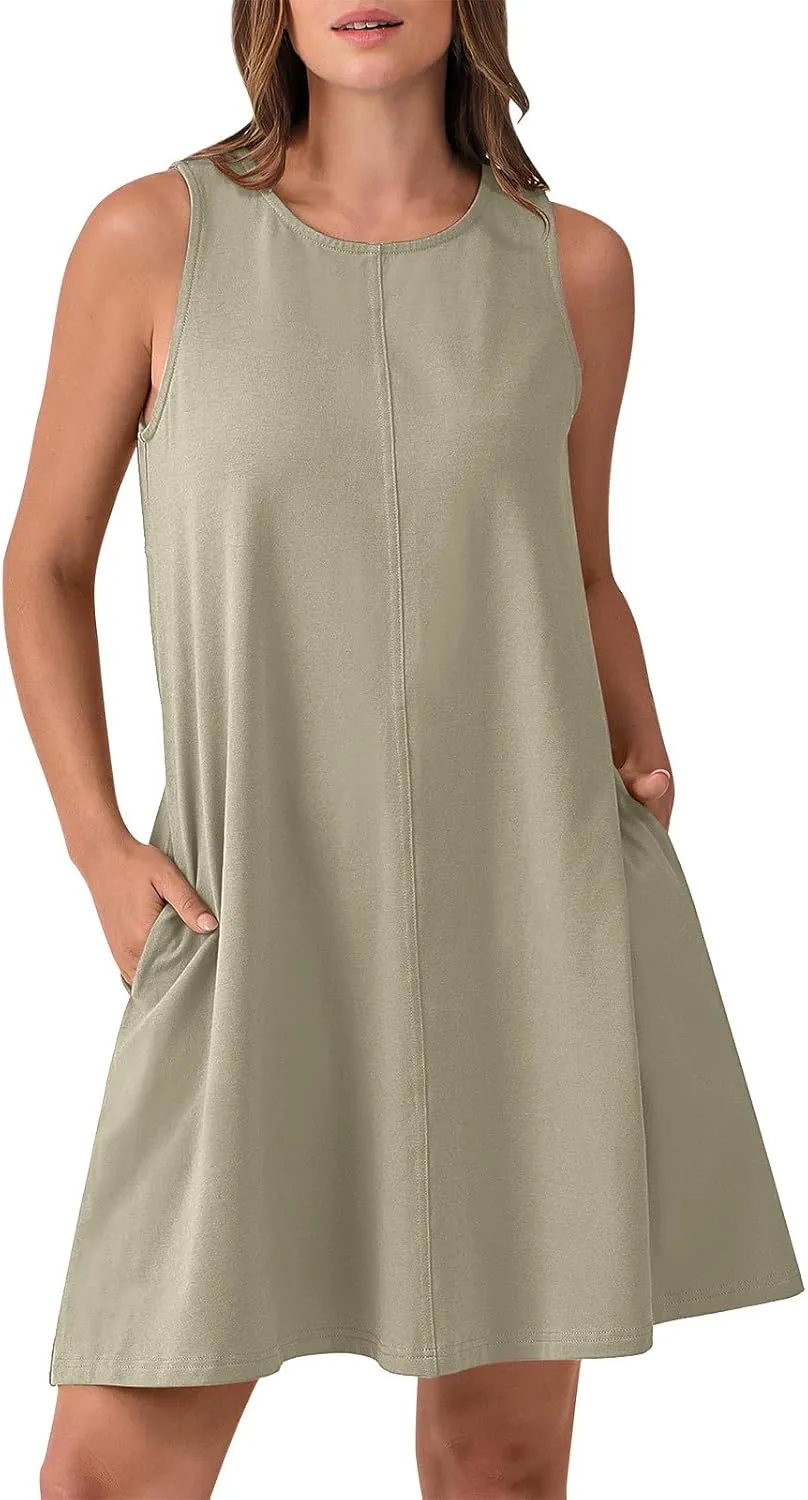Women Cutout Back Mini Dress Summer Sleeveless V Neck Casual Tank Dresses 2025 Solid Beach Vacation Flare Sundress